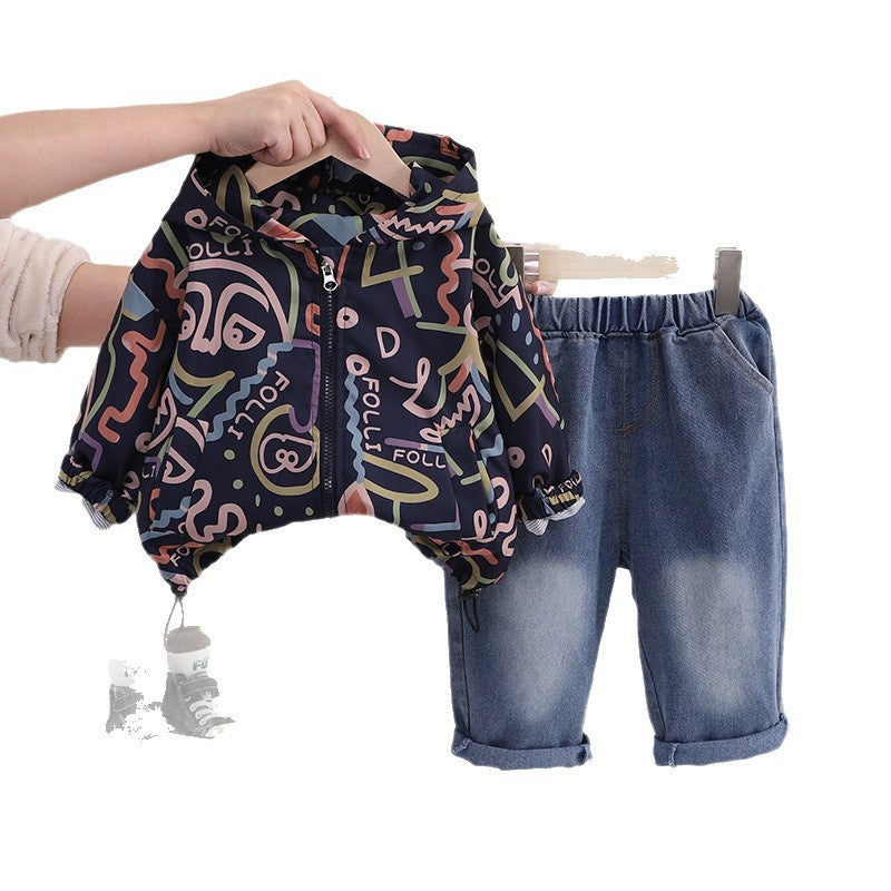 Boys' Outfit for Spring and Autumn 2026 New Graffiti Line Jacket, Long Sleeve Baby Korean Style Two-Piece Set Trendy