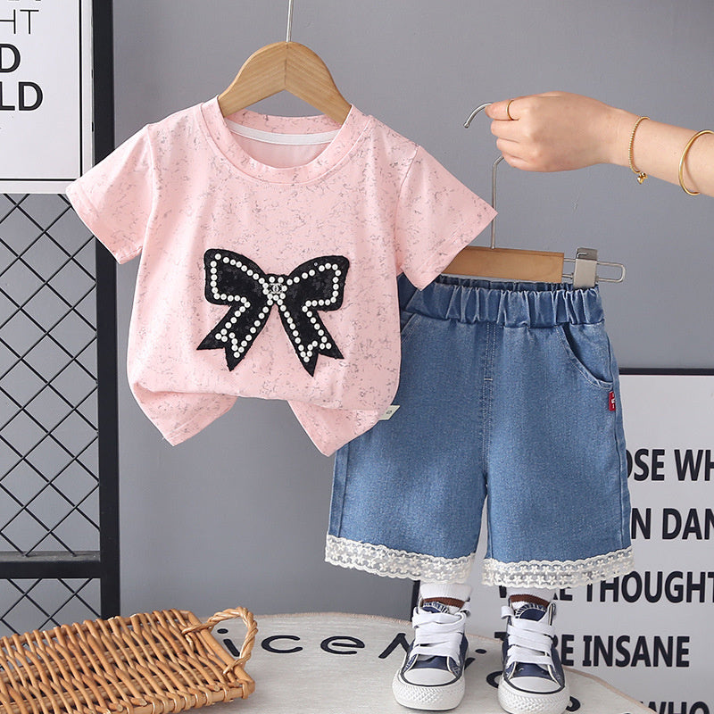 Girls' short-sleeve outfit with large bow, thin style, stylish children's clothing, 2-piece baby summer outfit, trendy