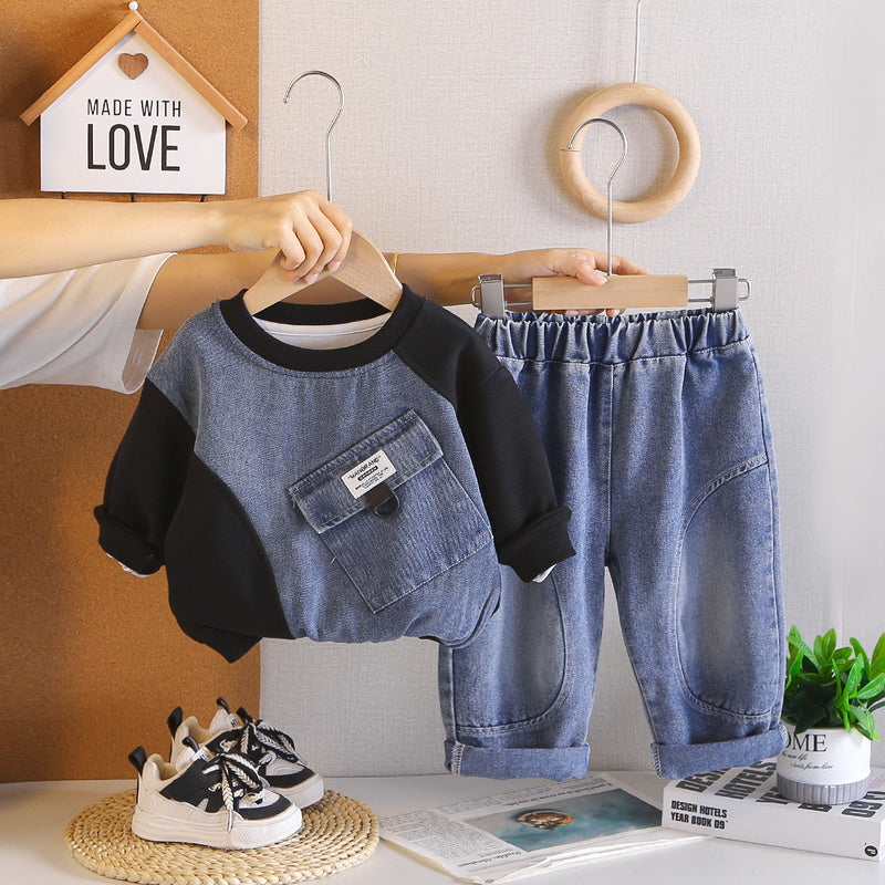 Boys' Outfit 2026 New Baby Boy Large Pocket Sweatshirt Korean Style Casual Children's Spring and Autumn Two-Piece Set
