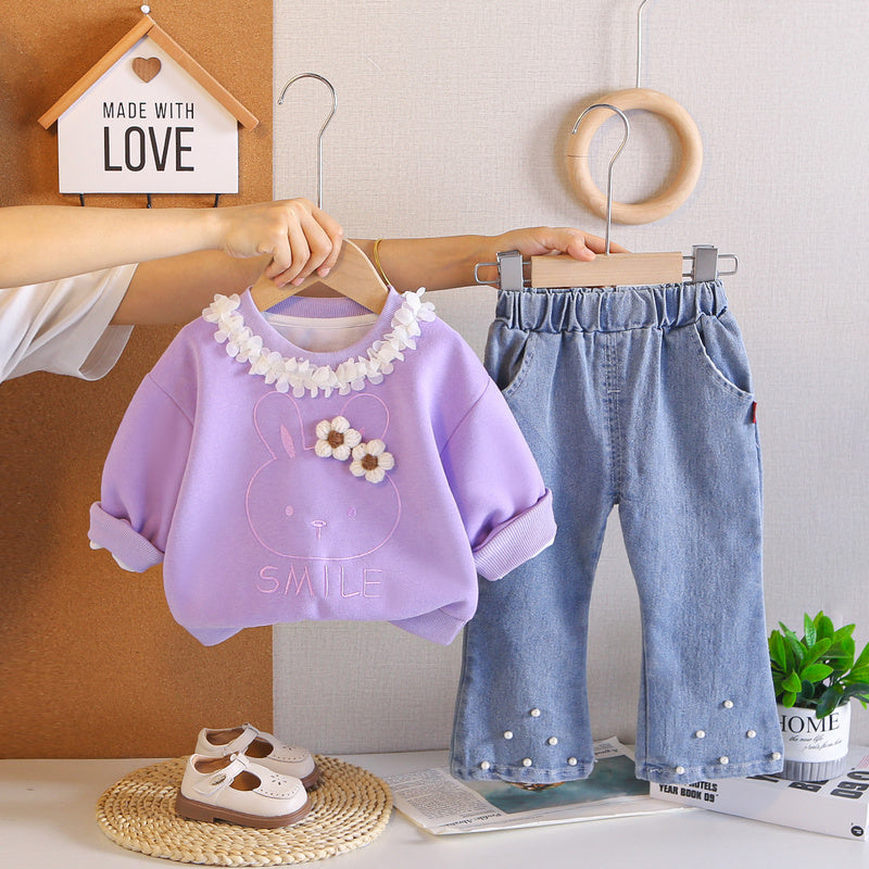 Girls' Floral Sweatshirt Set 2026 New Autumn Two-Piece Outfit Trendy Baby Casual Sportswear Children's Fashion Clothing