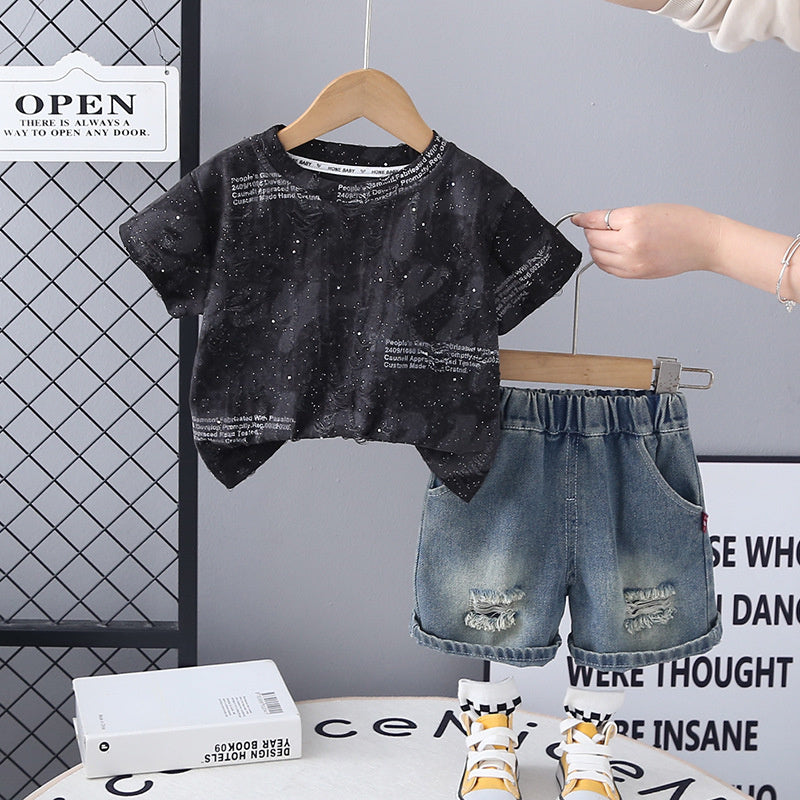 Boys Summer Suit Handsome 2025 New Korean Version Children's Stylish English Short Sleeve Baby Thin Two-Piece Set Trendy