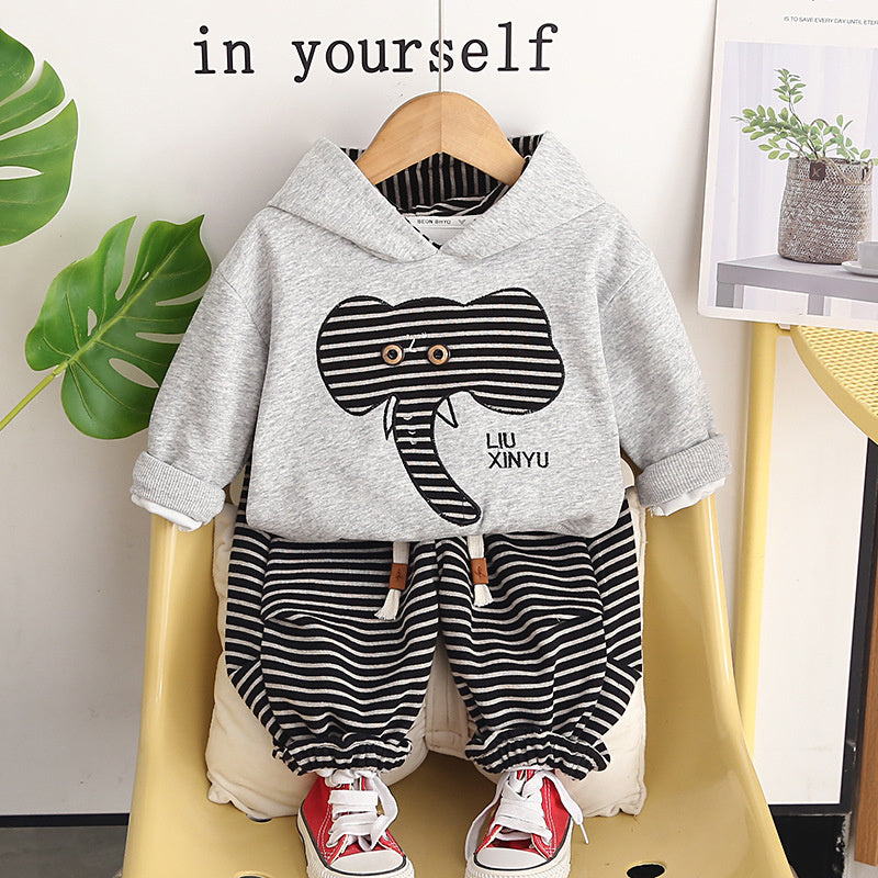 Boys' Spring and Autumn Outfit 2026 New Fashionable 3-Piece Set Children, Long-Sleeve Elephant Hoodie Two-Piece Set, Baby Clothes for 1-Year-Old Boys