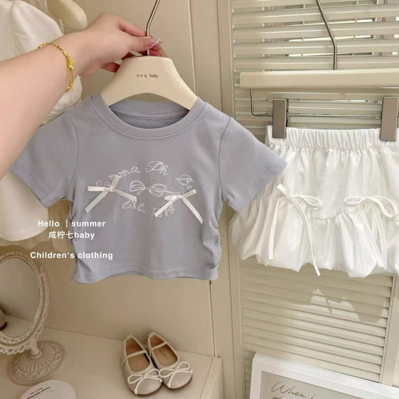 Girls' Korean-style outfit 2025 summer new children's bow short-sleeve T-shirt and skirt two-piece set