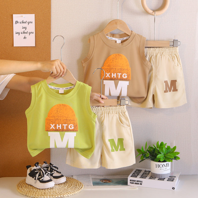 Boys' Outfit 2026 New Cool and Stylish Children's Clothing Summer Hat Letter Print Baby Vest Two-Piece Set