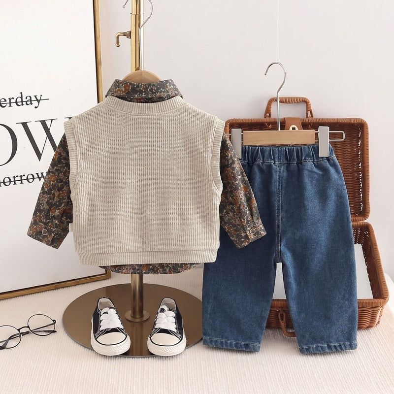Boys' Outfit 2026 New Collection Baby Floral Shirt Vest Three-Piece Set Children's Stylish Spring and Autumn Clothes Trendy