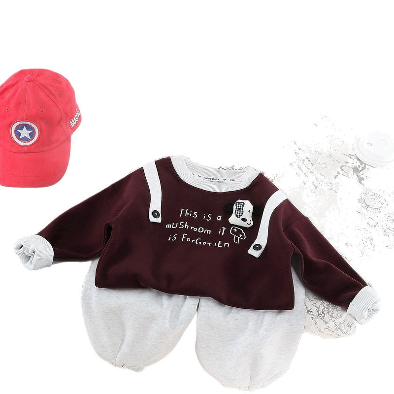 Boys' Autumn Outfit Cute Dog Print Shoulder Strap Sweatshirt Two-Piece Set Baby Stylish Fashionable Toddler Clothes Infant Clothing