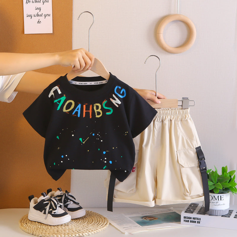 Boys' Outfit 2026 New Style Toddler Letter Print Polka Dot Short Sleeve Children's Clothing Baby Summer Two-Piece Set
