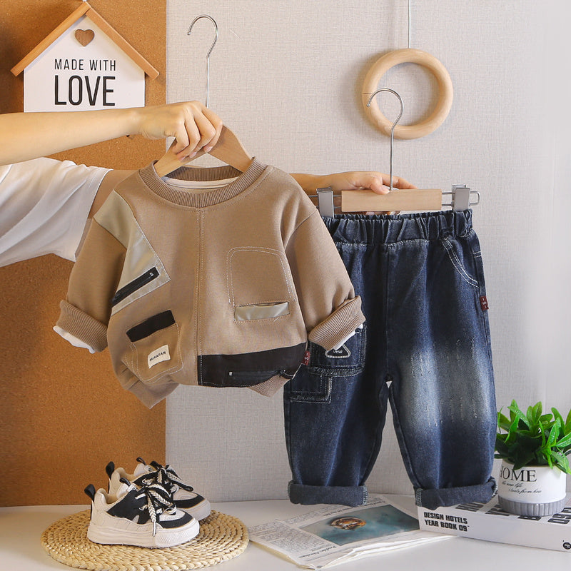 Boys' Round Neck Shirt 2026 New Fashionable Children's Spring and Autumn Fake Pocket Sweatshirt Two-Piece Set