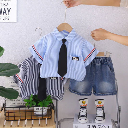 Boys' Outfit 2026 New Style Children's Clothing Summer Fashionable Baby Tie Shirt Short Sleeve Two-Piece Set