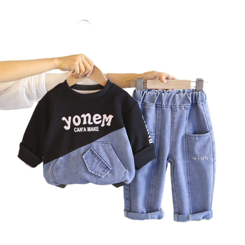 Boys' Spring Autumn Outfit 2026 New Children's Fall Clothing Letter Patchwork Denim Sports Two-Piece Set Trendy and Stylish