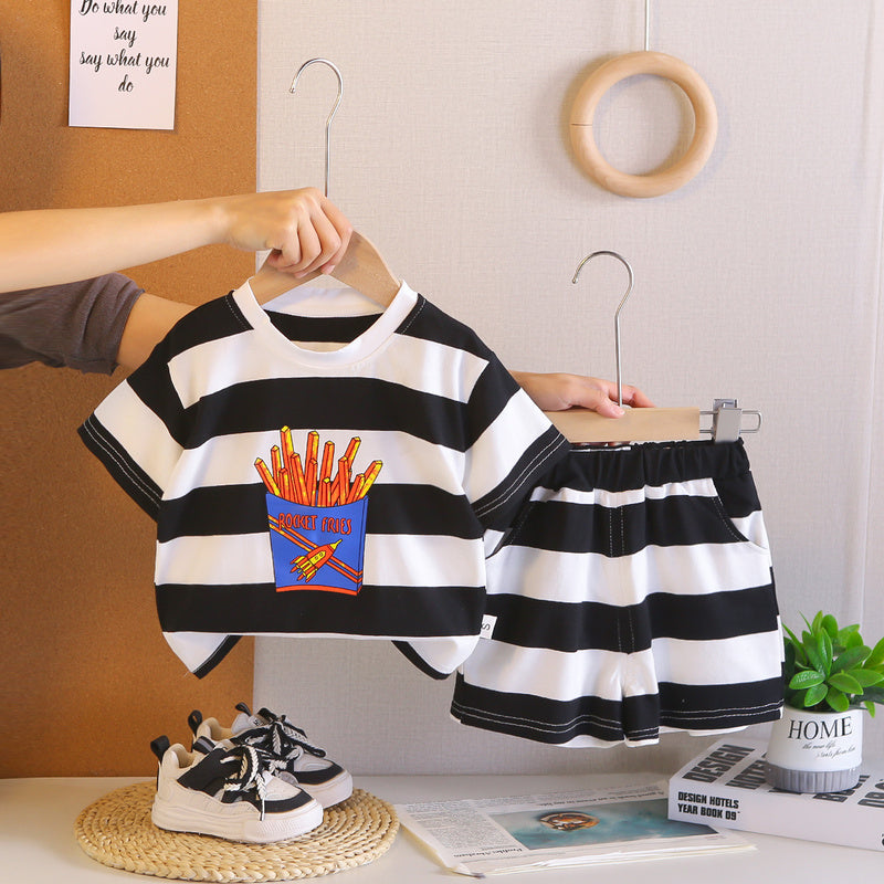 Boys' Outfit Set 2026 New Style Toddler Baby Summer Short Sleeve Striped Cartoon Clothes Two-Piece Children's Wear
