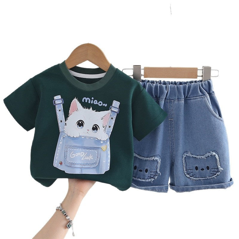 Girls' Summer Short-Sleeve Outfit 2026 New Fashionable Cartoon Cat Round-Neck Two-Piece Set for Children