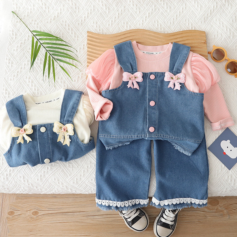Girls' Spring and Autumn Outfit 2026 New Fashionable Infant Children's Clothing Baby Casual Denim Vest Three-Piece Set Trendy