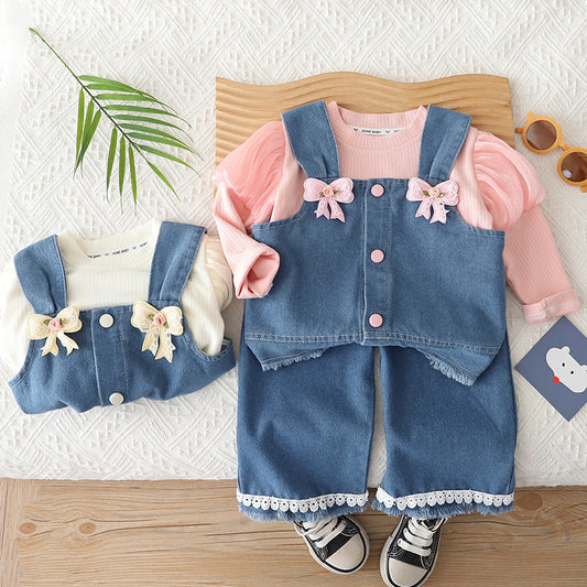 Girls' Spring and Autumn Outfit 2026 New Fashionable Infant Children's Clothing Baby Casual Denim Vest Three-Piece Set Trendy