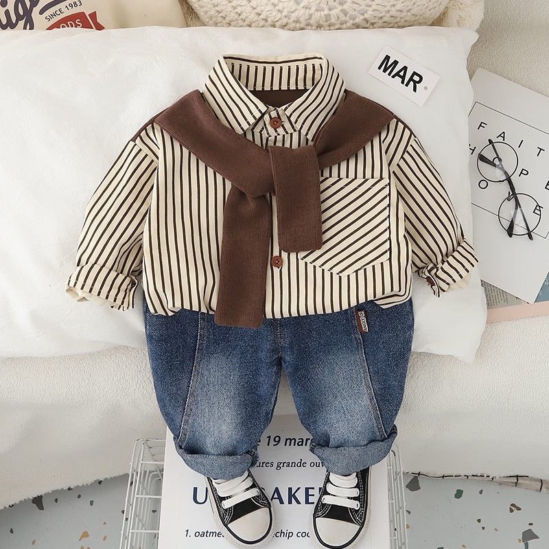 Baby Clothes Spring and Scarf Shirt Set for Boys Stylish Children's One-Year-Old Boy Autumn Outfit Handsome Outdoor Trendy
