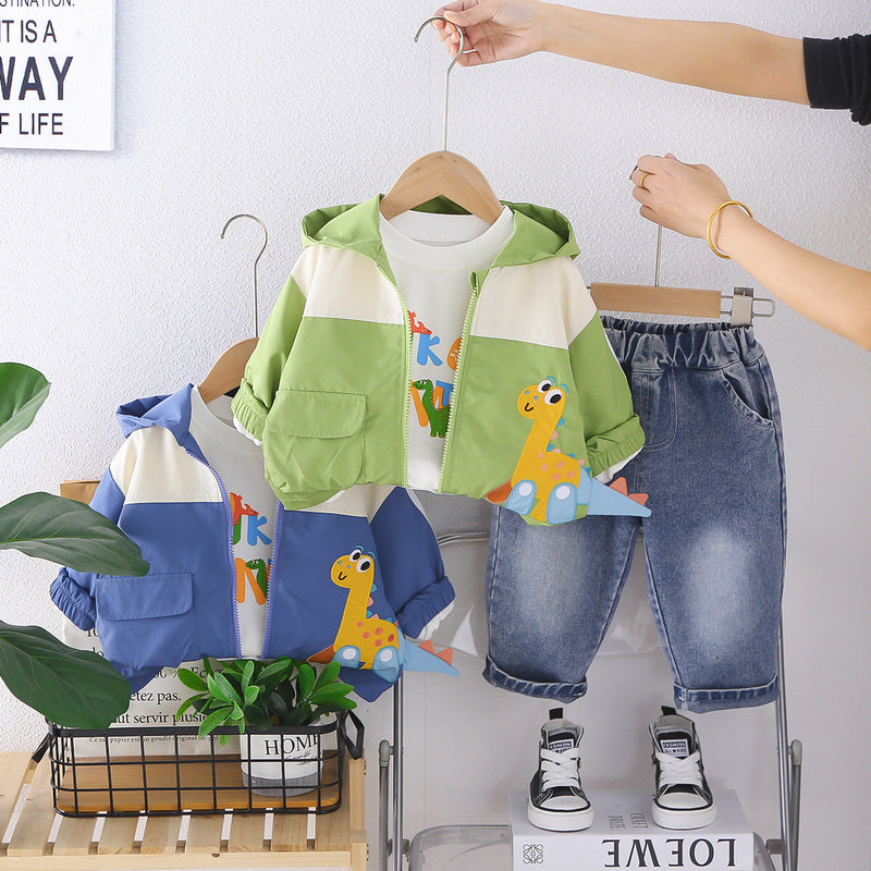 Boys' Spring and Autumn Outfit 2026 New Fashionable Children's Dinosaur Zipper Three-Piece Set Baby Cartoon Long-Sleeve Jacket
