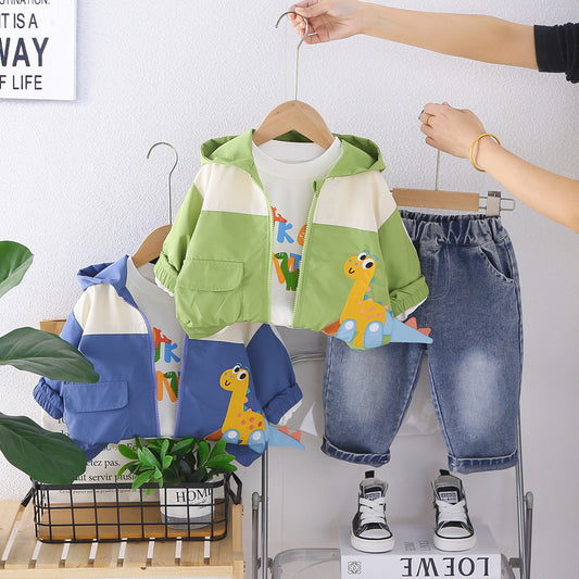 Boys' Spring and Autumn Outfit 2026 New Fashionable Children's Dinosaur Zipper Three-Piece Set Baby Cartoon Long-Sleeve Jacket