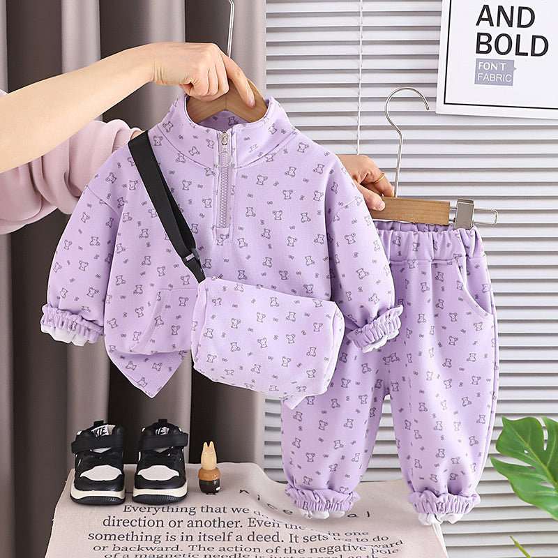 Girls' Autumn Outfit Set, Stylish Baby Girl Spring/Autumn Full-Print Bear Crossbody Bag Two-Piece Set for Infant Girls