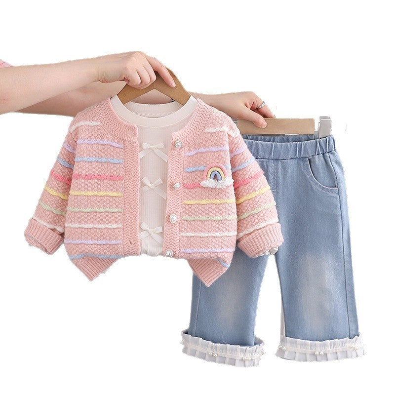 Girls' Outfit Spring and Autumn Colorful Sweater Cardigan Three-Piece Set Stylish for 2-Year-Old Girls 1-Year-Old Baby Girl Clothes