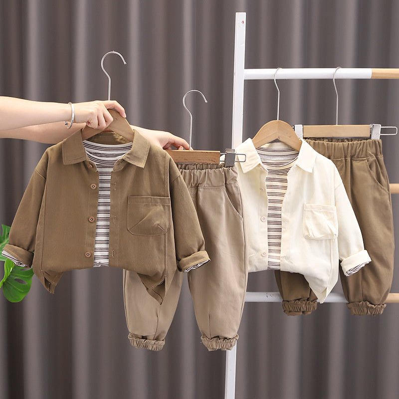Boys' Outfit 2024 New Korean Style Children's Spring and Autumn Clothes Baby Solid Color Shirt Three-Piece Set Trendy