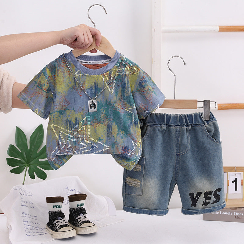 Boys' Summer 2026 New Chain Star Round Neck Short Sleeve Two-Piece Set, Stylish and Fashionable Children's Clothing