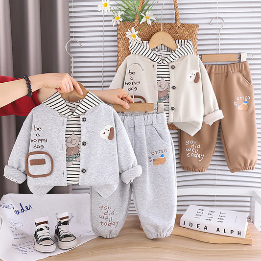 Boys' outfit set, stylish baby boy spring and autumn fashion trendy infant children's clothing striped puppy cardigan three-piece set