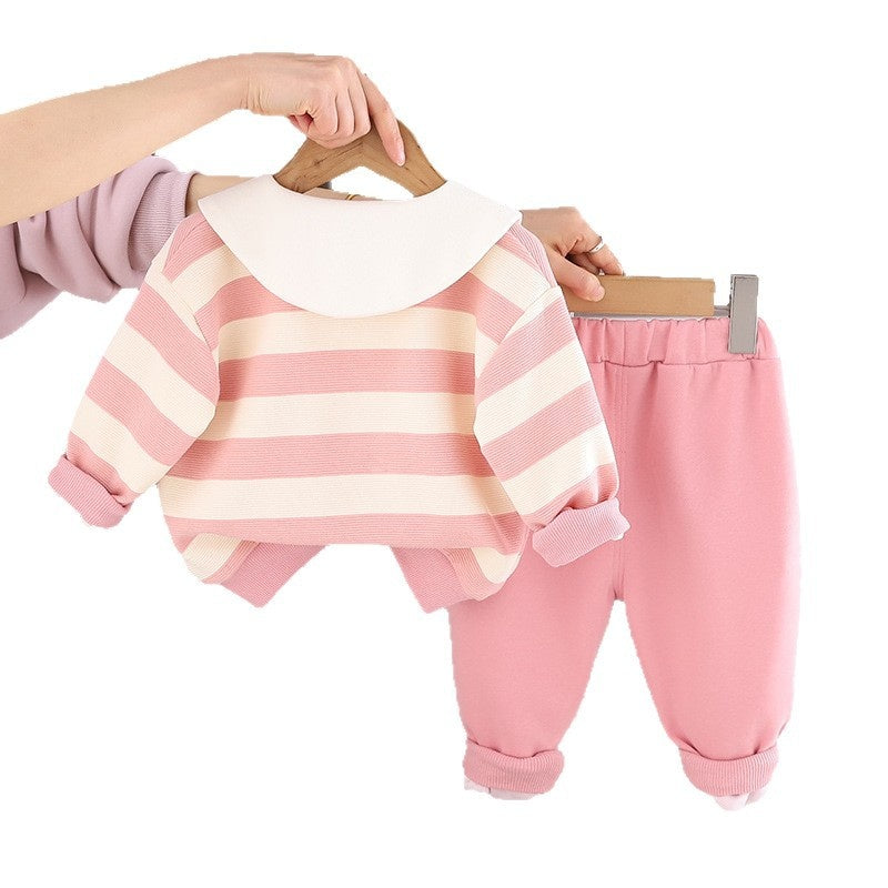 Girls' Sweatshirt 2026 New Baby Children's Clothing Spring and Autumn Outfit Striped Bow Two-Piece Set Trendy