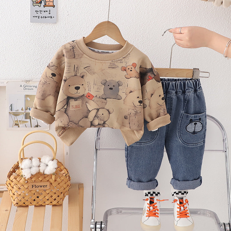 3D Bear Sweatshirt 2025 Spring Autumn Outfit for Toddlers and Young Children Long Sleeve Stylish Baby Clothes Boys Two-Piece Set