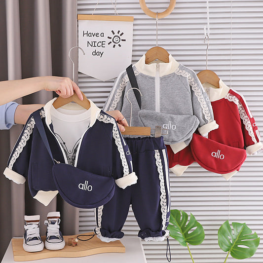 Girls' Spring Outfit Set, Stylish 2026 New Clothes for Girls, Baby Girl's Lace Trim Crossbody Bag Three-Piece Set