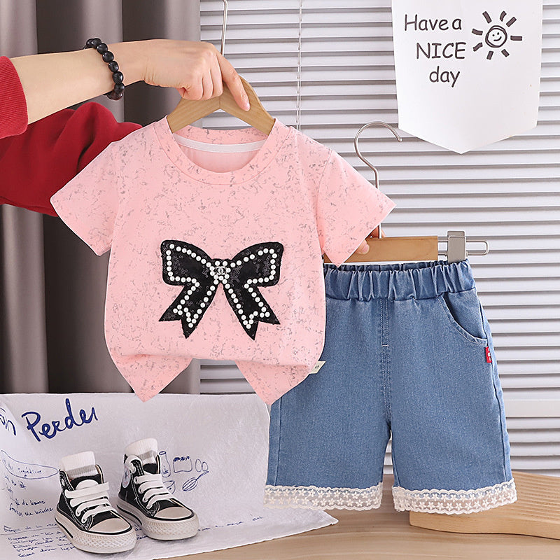 Girls' short-sleeve outfit with large bow, thin style, stylish children's clothing, 2-piece baby summer outfit, trendy