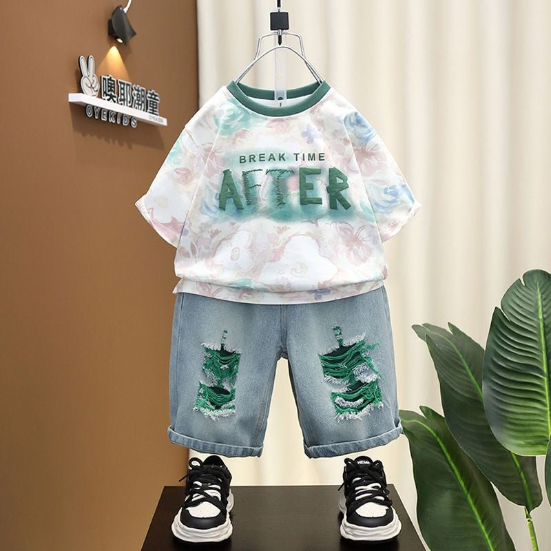 Boys' Short-Sleeve Outfit 2024 New Fashionable Children's Clothing Older Boys, Stylish Lightweight Two-Piece Set for Summer