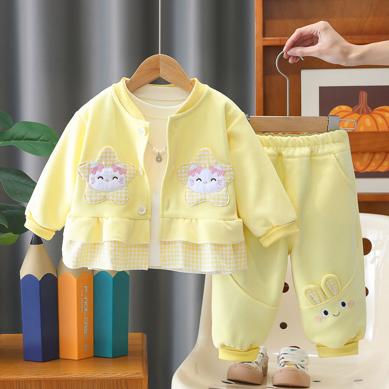 Girls' Autumn 2, Children's Clothing, Fashionable Girl's Star and Cat Three-Piece Set, Spring Outfit for 1-Year-Old Baby Girl
