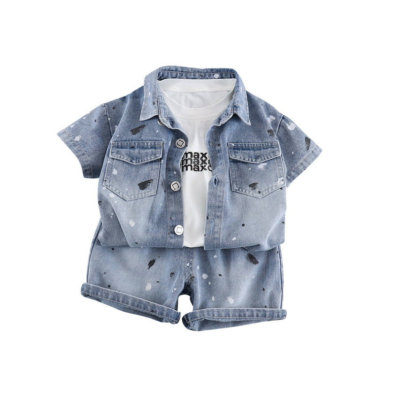 Baby Outfit 2026 New Stylish Boys Summer Denim Tie-Dye Short Sleeve Shorts Three-Piece Set