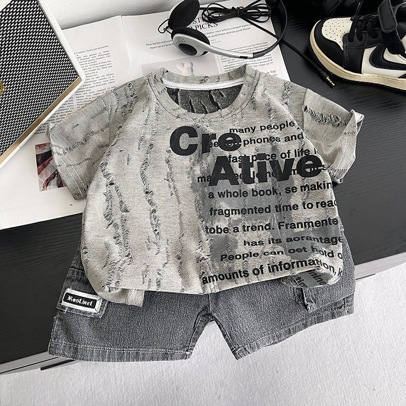 Boys' Summer Short-Sleeve Set 2026 New Stylish Baby English Clothes Trendy Casual Two-Piece Outfit for Little Boys