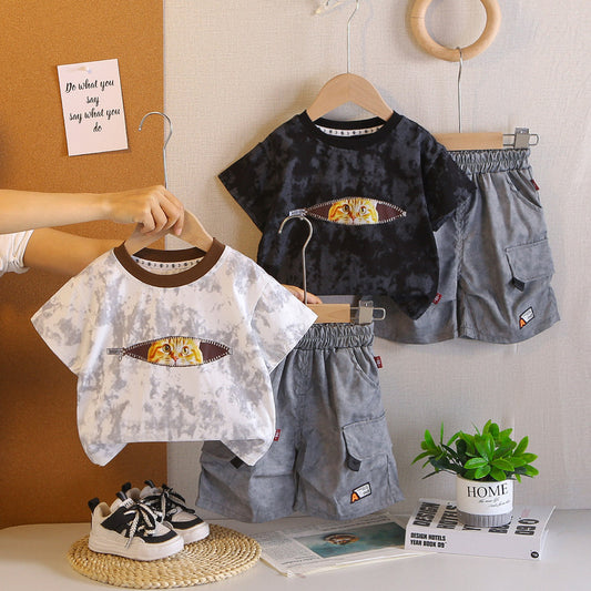 Zipper Cat Short Sleeve 2026 New Children's Outfit Baby Two-Piece Set Boys' Summer Fashion