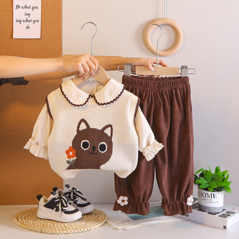 Boys' Spring Outfit 2026 New Children's Spring-Autumn Cat Sweater Three-Piece Set Stylish Baby Autumn Clothes