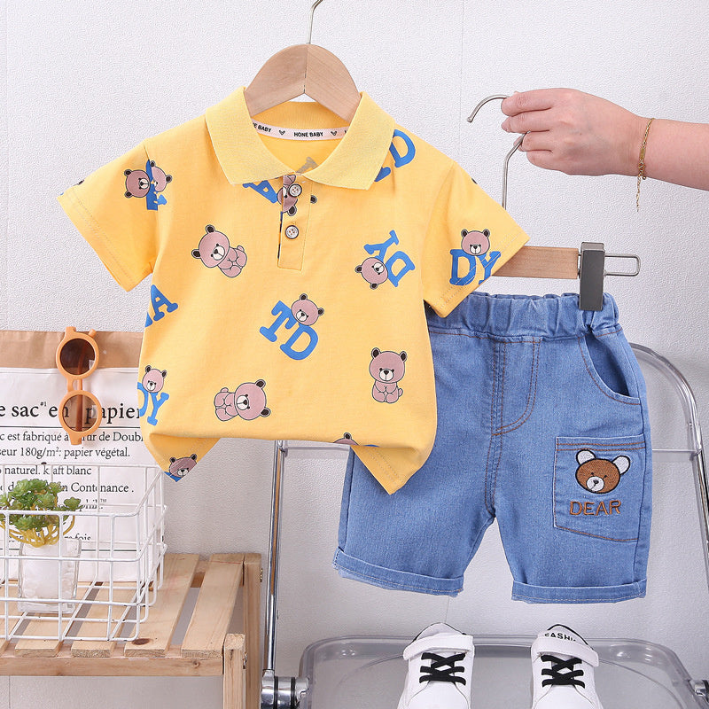 Baby Summer Outfit 2023 New Stylish Fashionable Children's Short-Sleeve Suit with Bear Print and Turn-down Collar for Boys