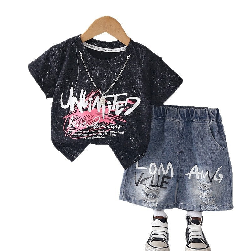 Boys' Outfit 2026 New Children's Graffiti Letter Short Sleeve Summer Clothes Baby Casual Two-Piece Set Trendy