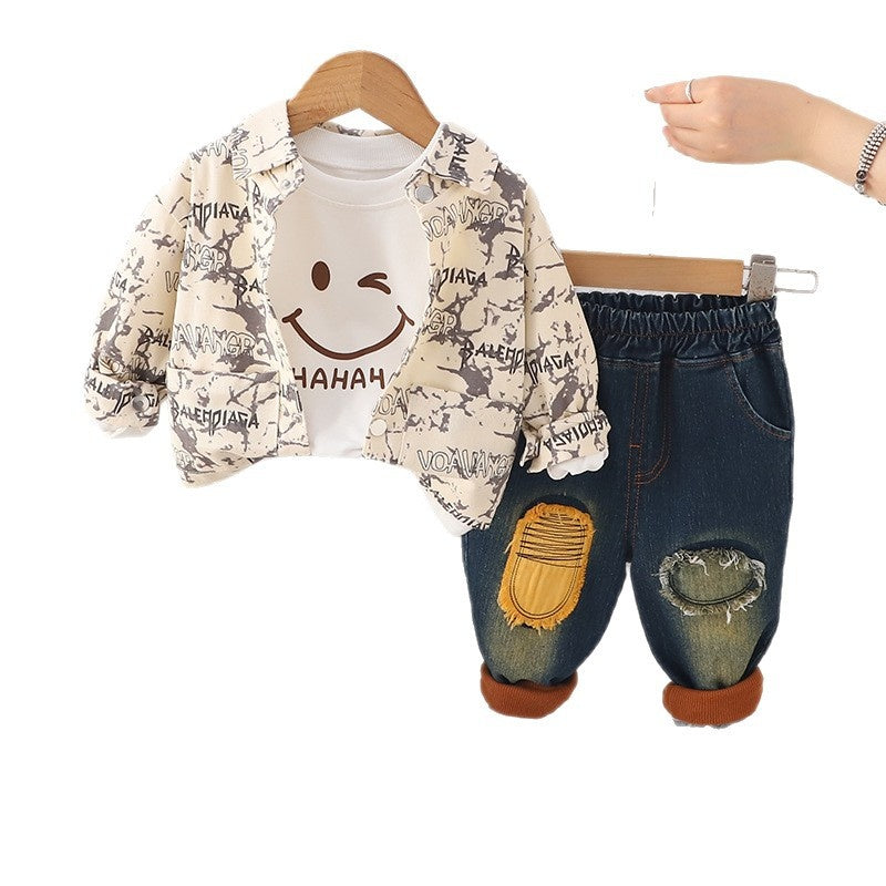 Boys' Toddler Clothing Autumn 2025 New Tie-Dye Smiley Face Jacket Casual Long Pants Children's Baby Three-Piece Set