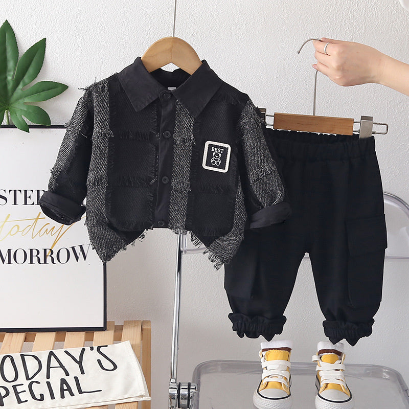 Boys' trendy and autumn style, children's fluffy plaid clothing, stylish baby outfit, two-piece spring outfit for boys