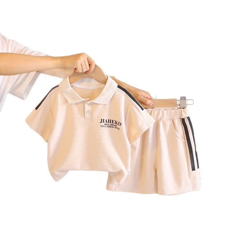 2026 Children's Fashionable Short-Sleeve Polo Shirt with Letter Print Boys' Suit Turn-Down Collar Summer Outfit Two-Piece Set Trendy