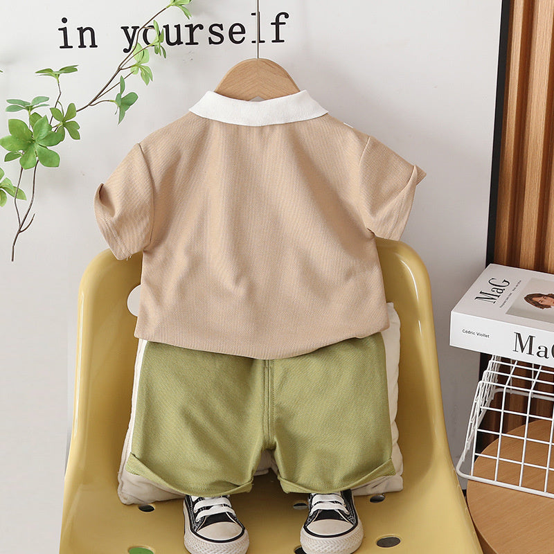 Boys' Turn-down Collar Dinosaur Short Sleeve 2026 New Baby Children's Clothing Toddler Summer Outfit Two-piece Trendy Set
