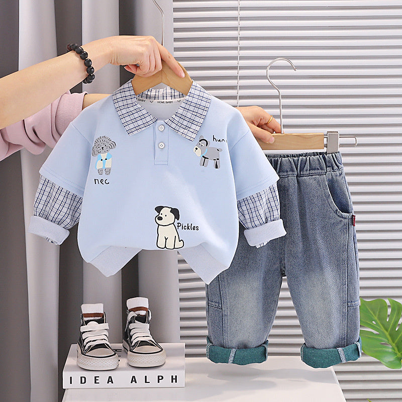 Children's clothing boys, stylish Polo sweatshirt set, fashionable cute puppy outfit for babies toddlers in spring and autumn