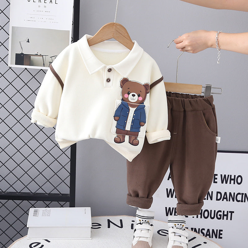 Boy Fleece Pocket Bear Button-Up Shirt Set 1-3 Years Old Winter Two-Piece Baby Clothes One Piece Dropshipping