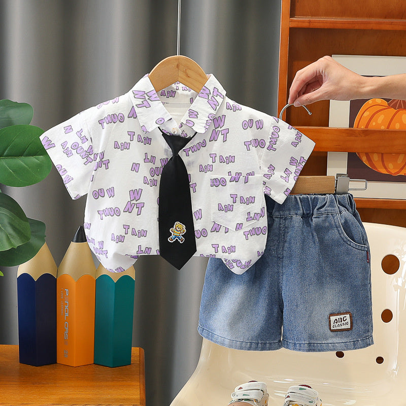 Boys' Outfit 2026 New Baby Summer Short Sleeve Three-Piece Set Children's Tie Bear Shirt 1-2-3 Years Old 5