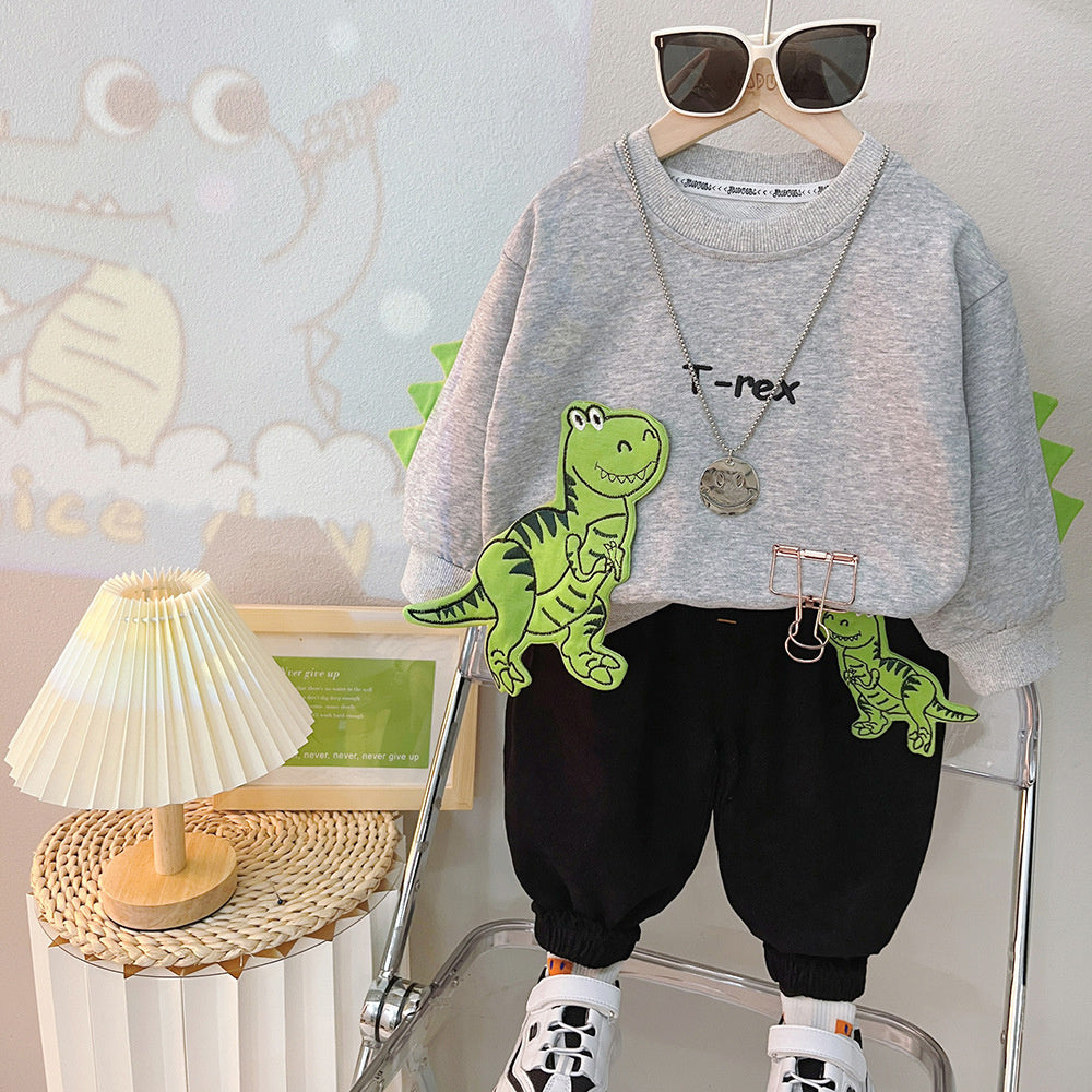 Boys' Outfit Set 0-2-4 Years Korean Style Fashionable Baby Little Dinosaur Long Sleeve Sweatshirt Children's Spring and Autumn Two-Piece