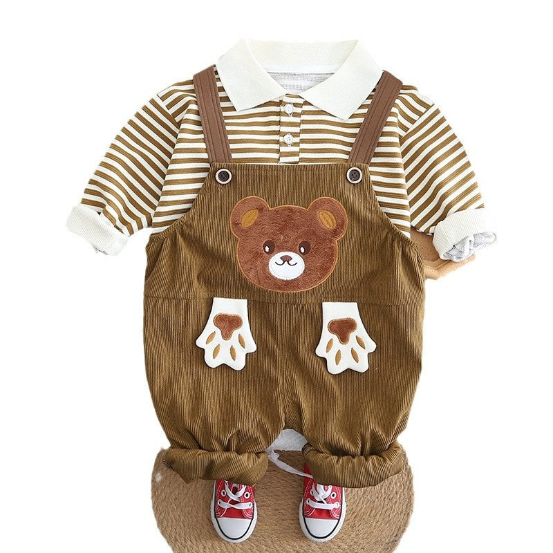Boys' Striped Sweatshirt 2025 New Children's Spring and Autumn Stylish Cartoon Bear Overalls Two-Piece Set