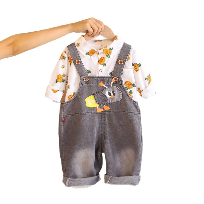 Boys' Cartoon Outfit 2026 New Fashionable Baby Long-Sleeve Denim Overalls Spring and Autumn Two-Piece Set
