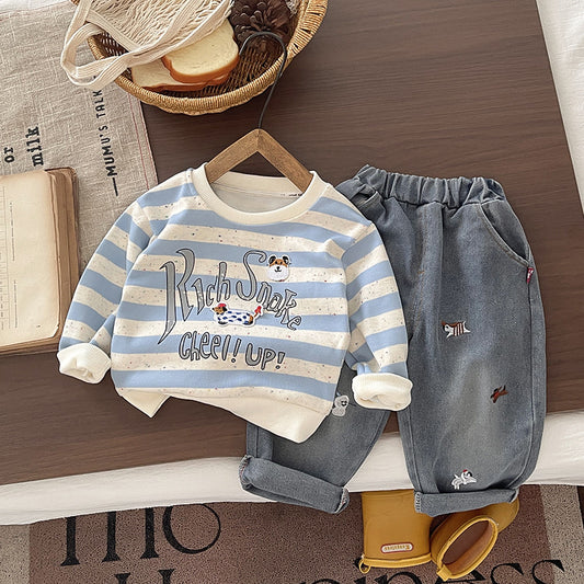 Stylish trendy children's clothing boys, baby outfit with colorful dots puppy design, two-piece set, 2026 new model, infants aged 1 to 5 years, suitable for spring and autumn