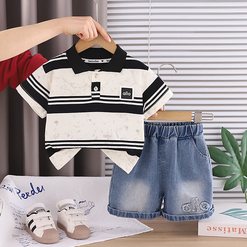 Boys' Outfit 2026 New Fashionable Casual Striped Short-Sleeve Summer Korean Style Two-Piece Set for Children